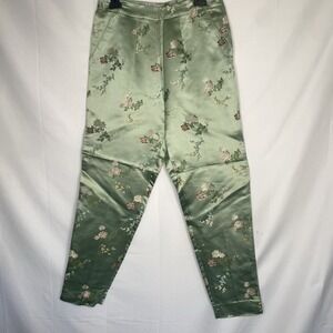 Green Asian Inspired‎ Silk Floral Embroidered Pants Silk Box size 8